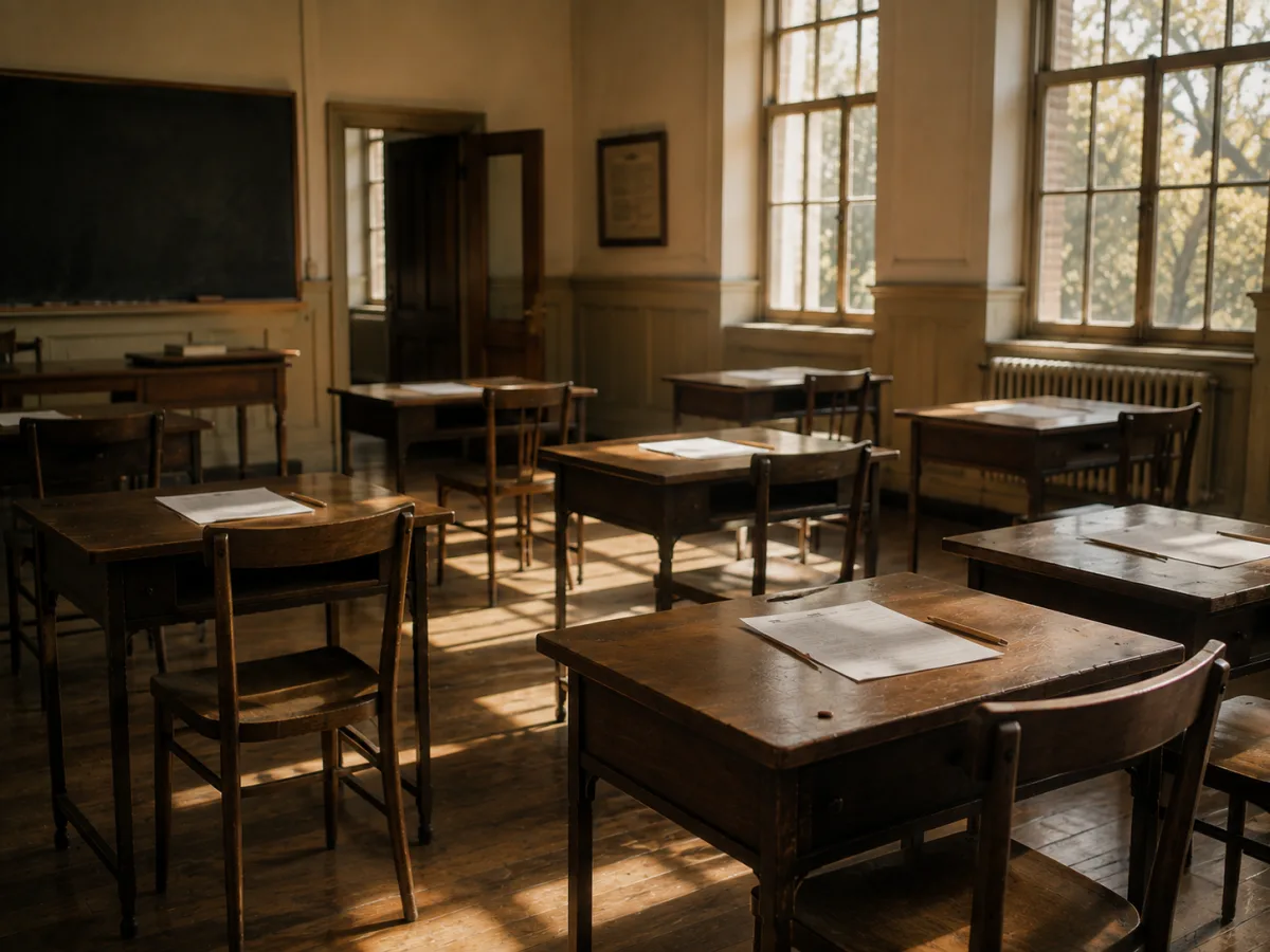 Aula vacía después de un examen con hojas sobre algunos escritorios
