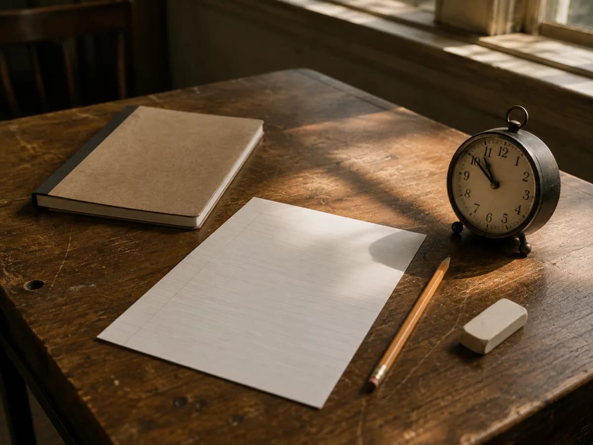 Escritorio preparado para un examen con lápiz, hoja y reloj