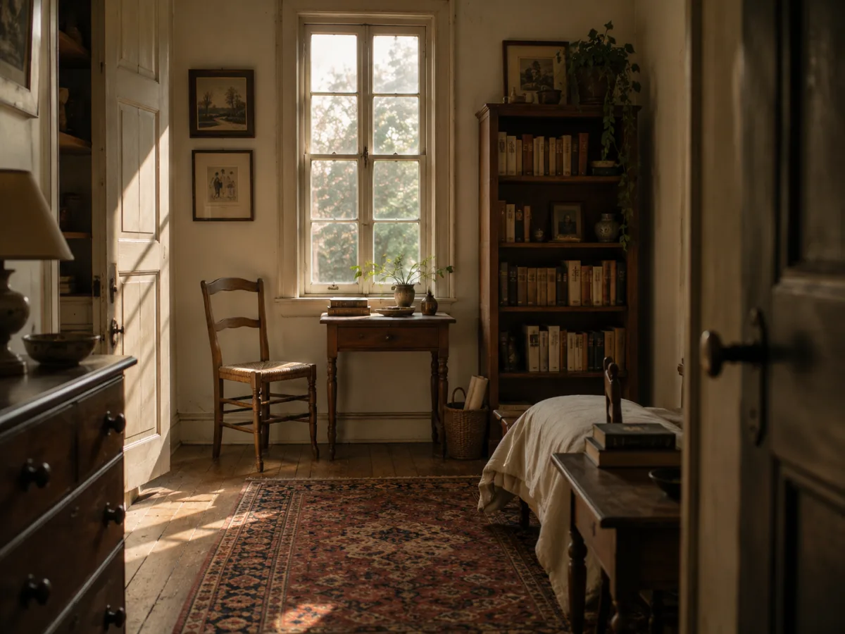 Habitación desconocida de una casa antigua con ventana, silla y objetos cotidianos