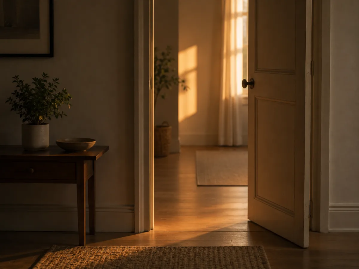 Habitación tranquila con una puerta entreabierta y luz cálida