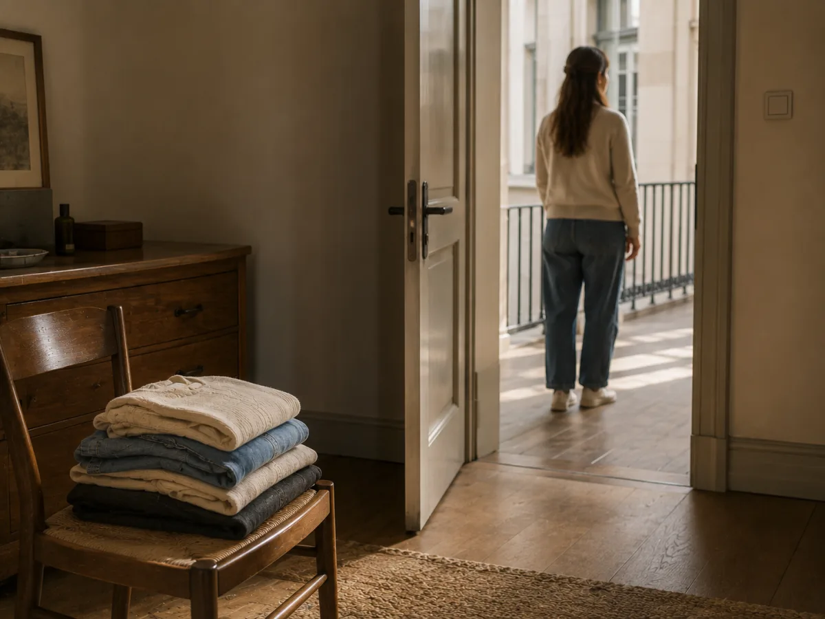 Habitación privada con ropa doblada sobre una silla y una puerta abierta hacia un espacio público