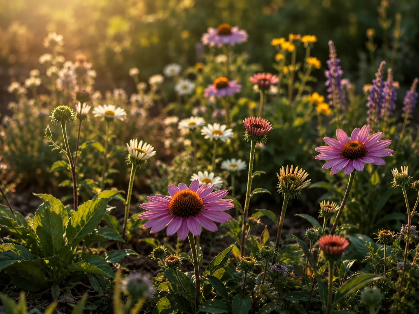 Flores abiertas y cerradas en un jardín como símbolo de diferentes momentos del crecimiento