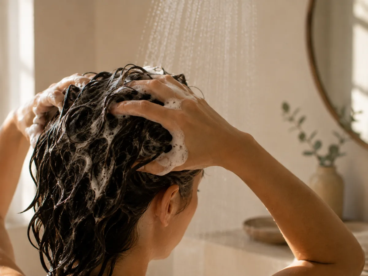 Persona lavando suavemente su cabello en una escena de cuidado y renovación