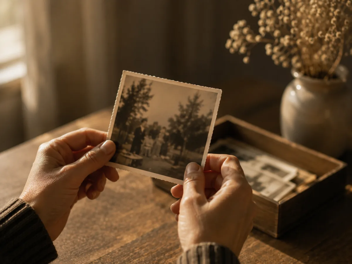 Manos sosteniendo una fotografía antigua desenfocada