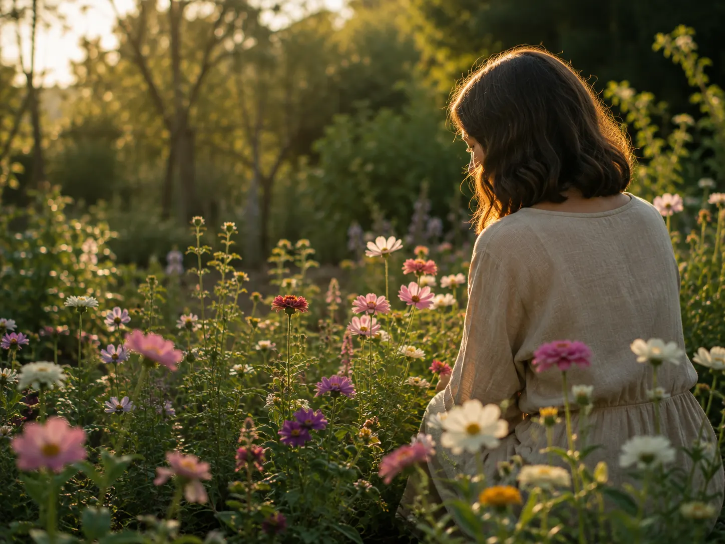 Mujer contemplando flores en un jardín natural