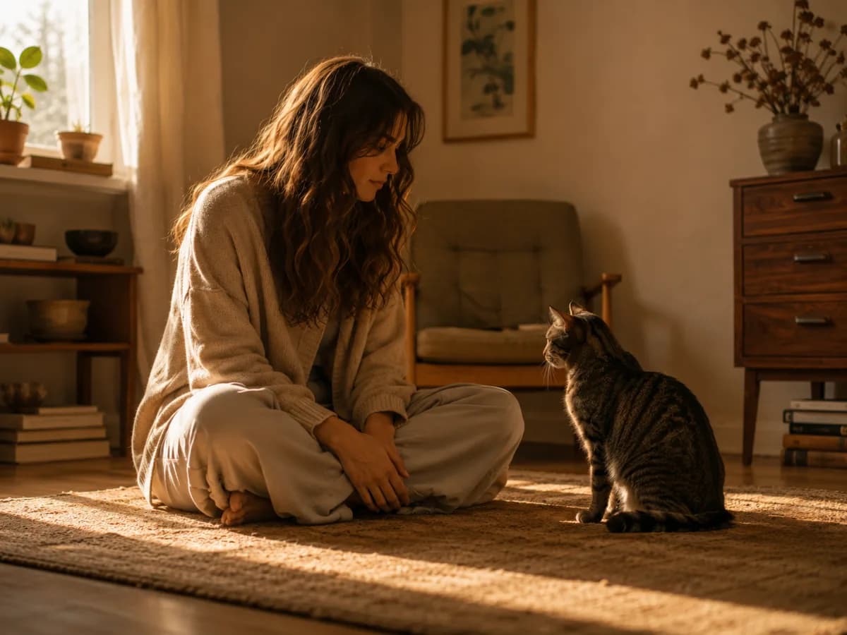 Mujer contemplando a un gato en un espacio cálido y tranquilo