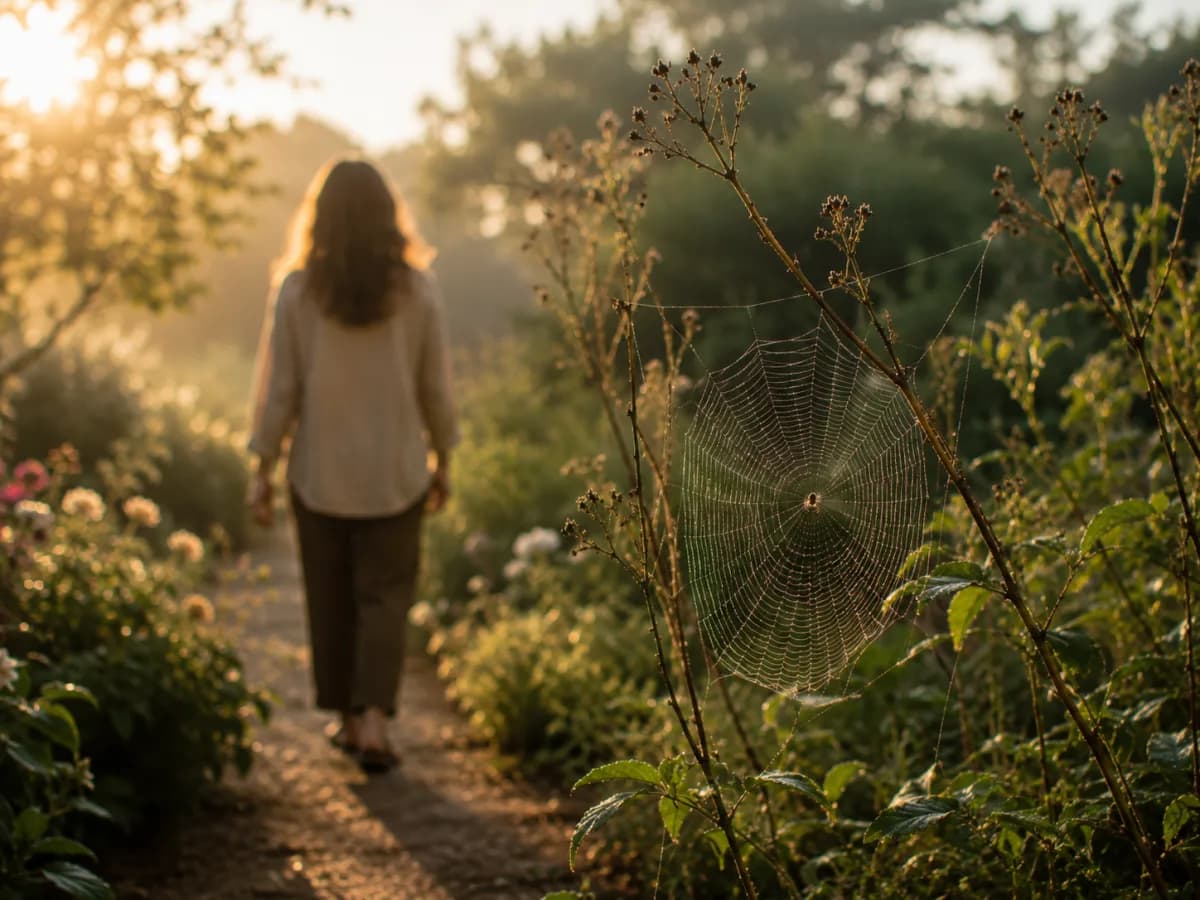 Mujer caminando junto a una delicada telaraña en un jardín al amanecer
