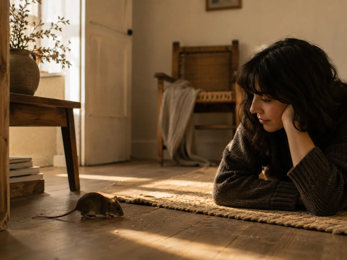 Mujer observando un pequeño ratón en un espacio doméstico