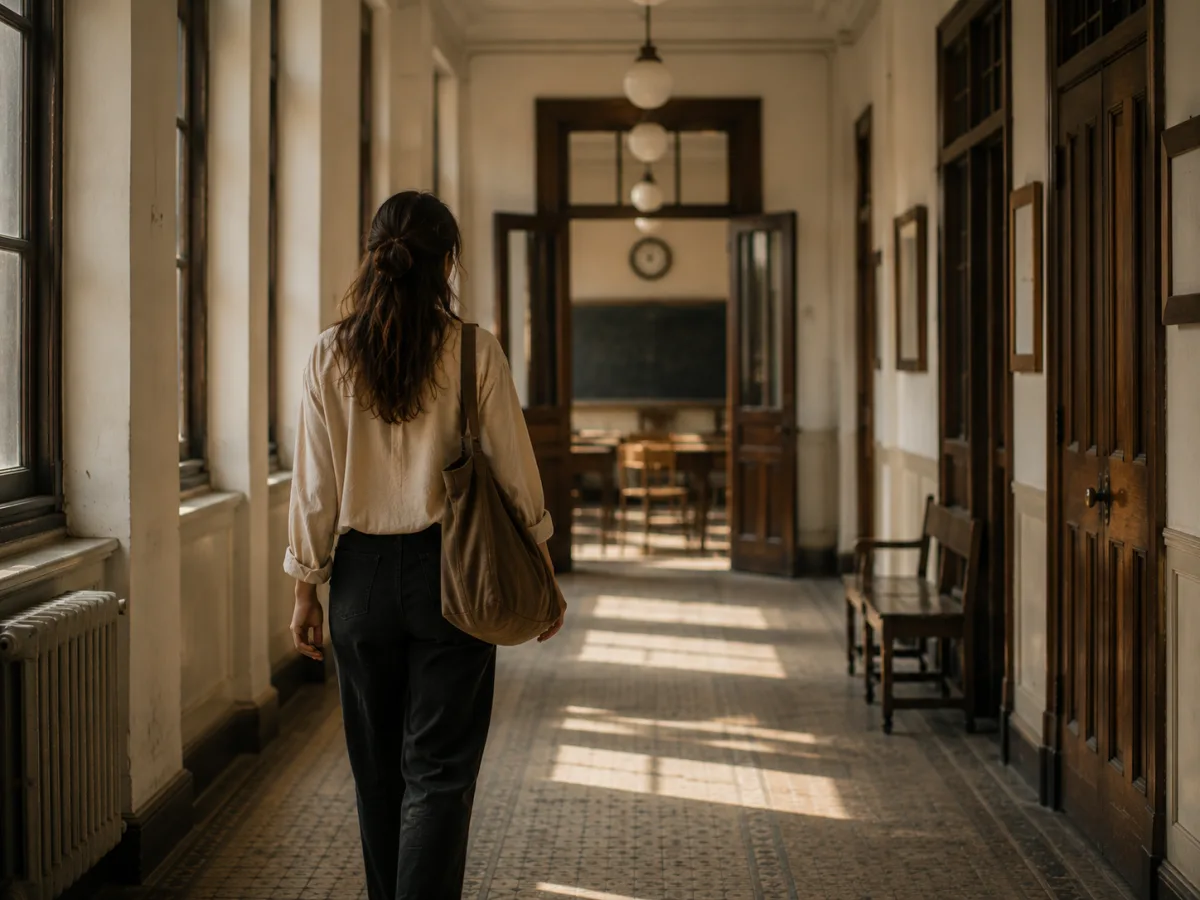 Mujer caminando por un pasillo hacia un aula abierta antes de un examen