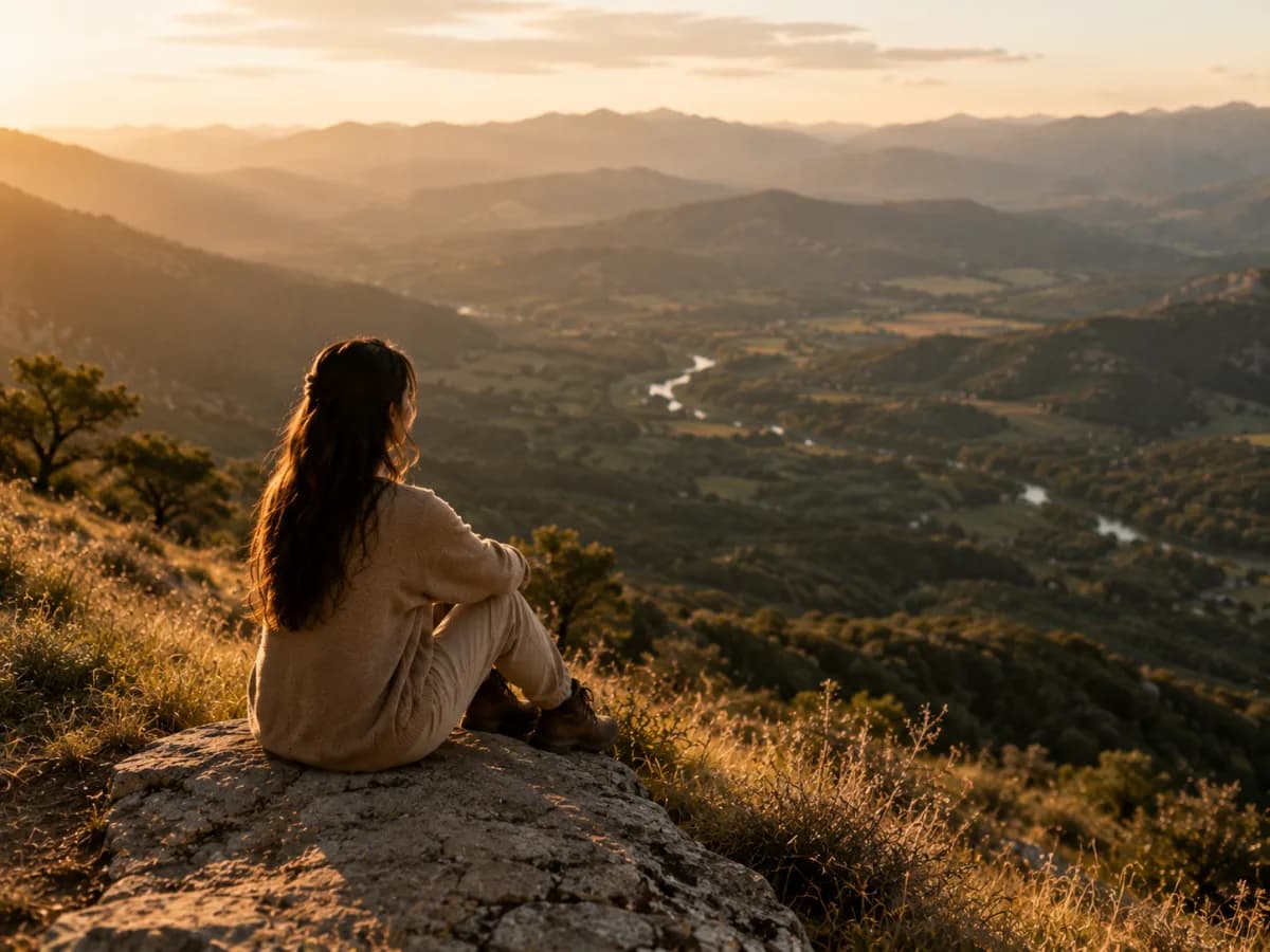 Mujer sentada sobre una piedra contemplando un paisaje después de un descenso