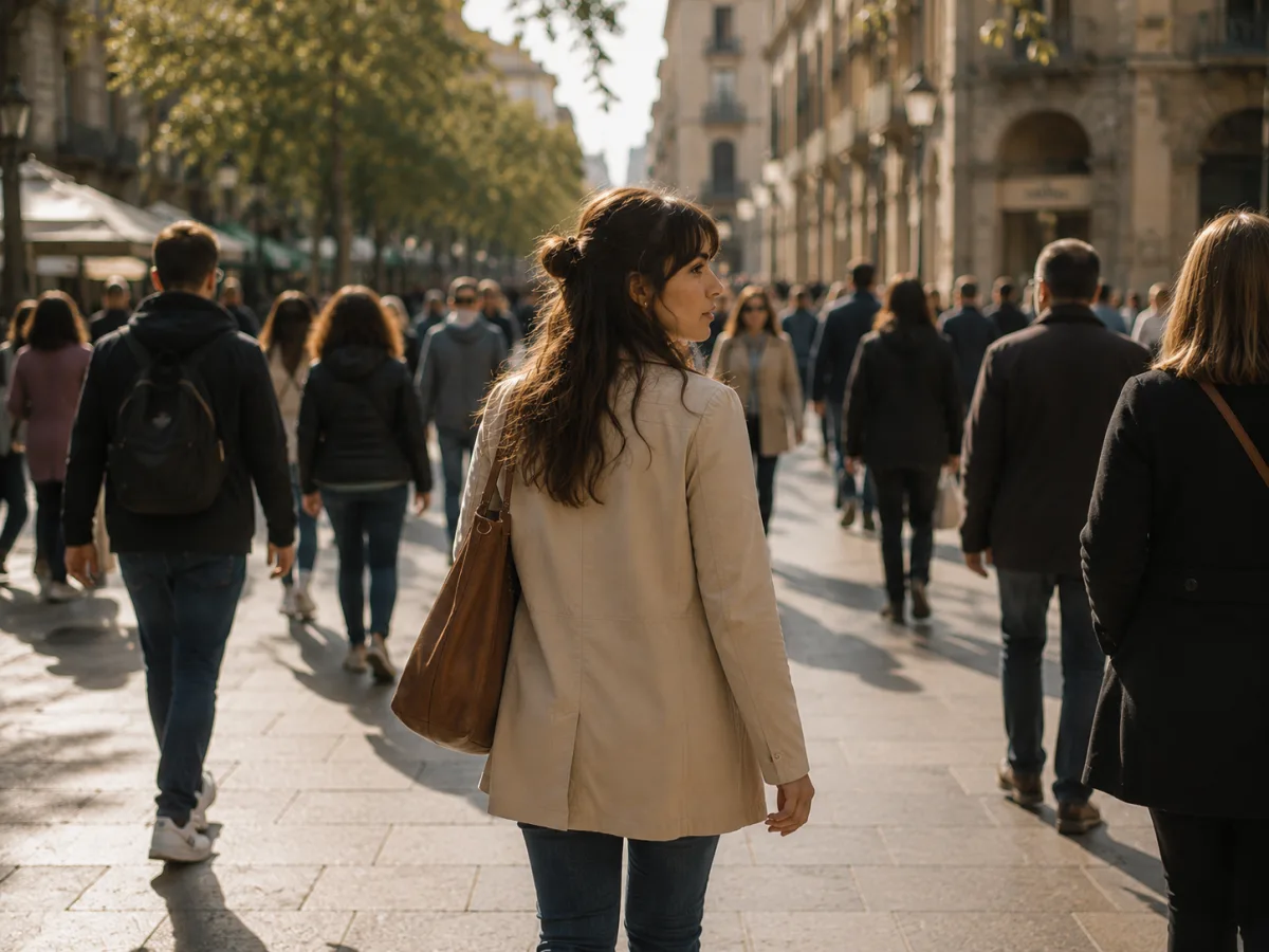 Mujer completamente vestida caminando por una plaza concurrida junto a otras personas vestidas