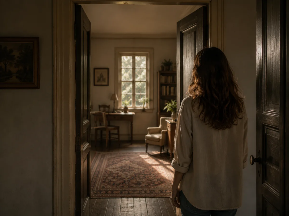 Mujer observando desde el umbral una habitación inesperada dentro de una casa