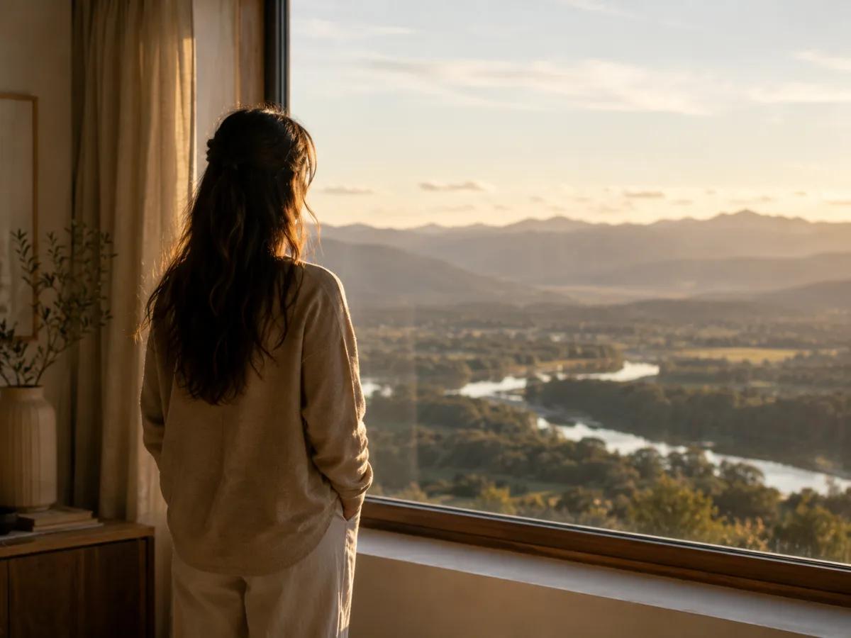 Mujer contemplando un paisaje abierto desde una ventana en un espacio luminoso