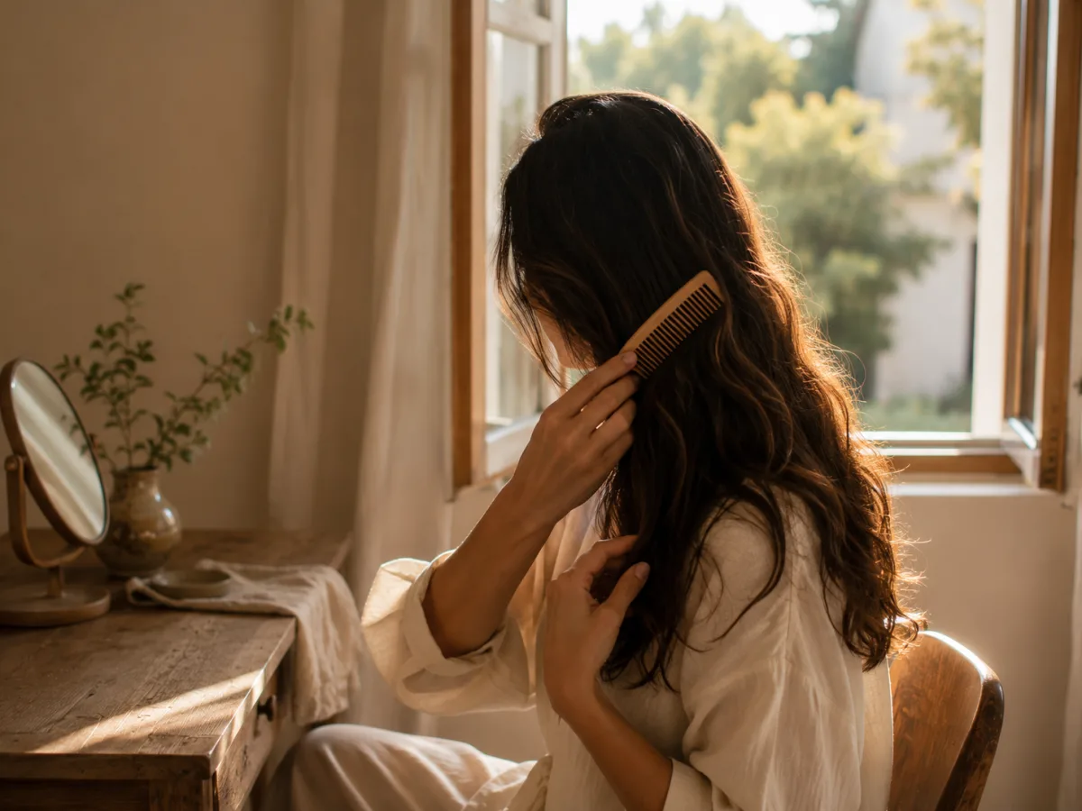 Mujer peinando tranquilamente su cabello junto a una ventana con luz natural
