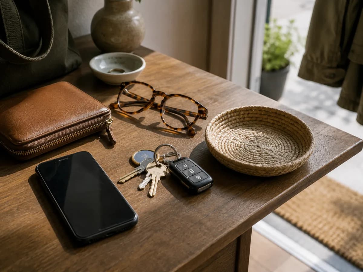 Primer plano de llaves, cartera, gafas y teléfono sobre una superficie, con un espacio vacío entre ellos