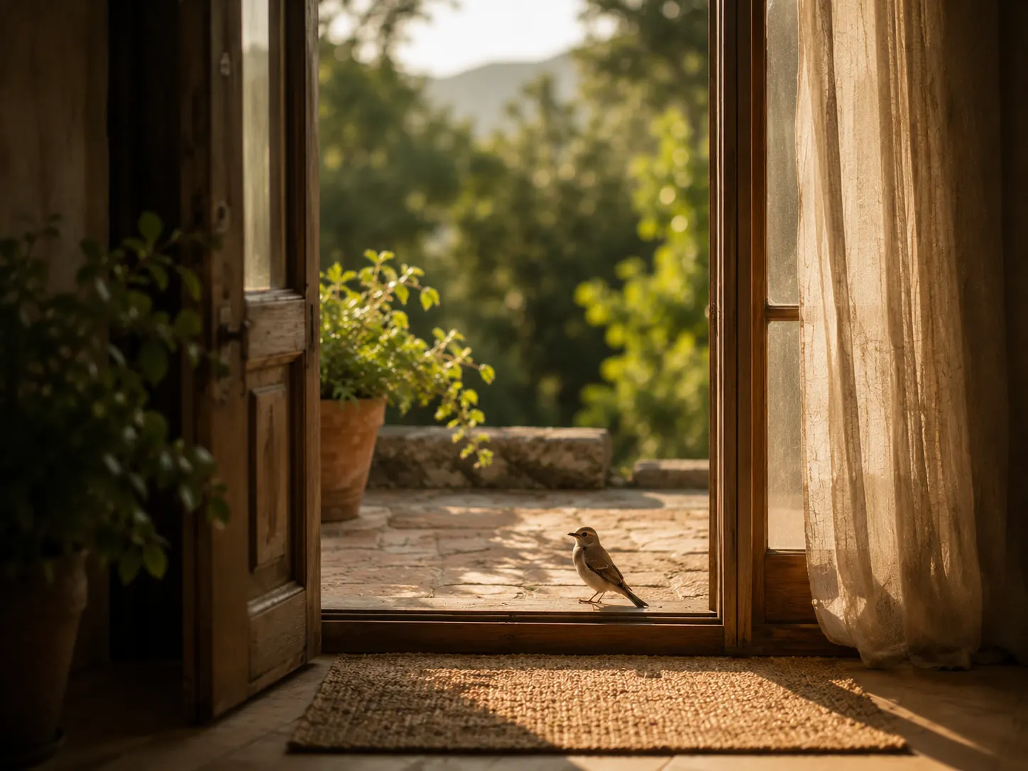 Pájaro entrando en una casa como símbolo de encuentro entre interior y exterior