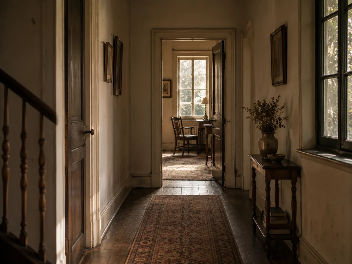 Pasillo de una casa antigua que conduce hacia una habitación abierta iluminada