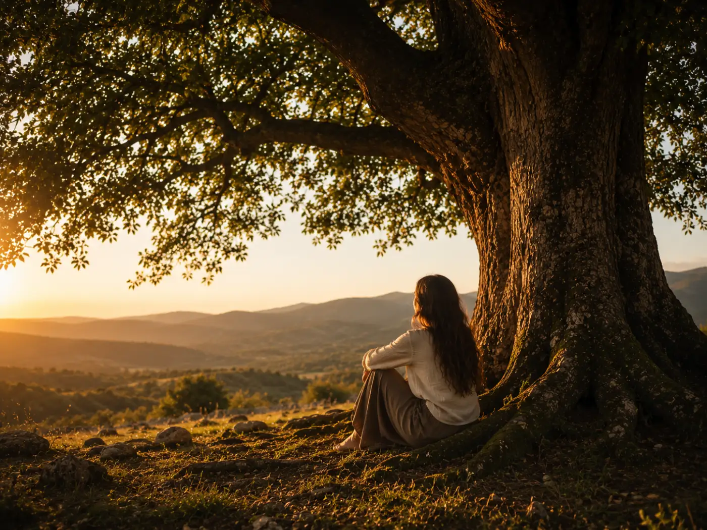 Persona contemplando un árbol como símbolo de refugio y reflexión