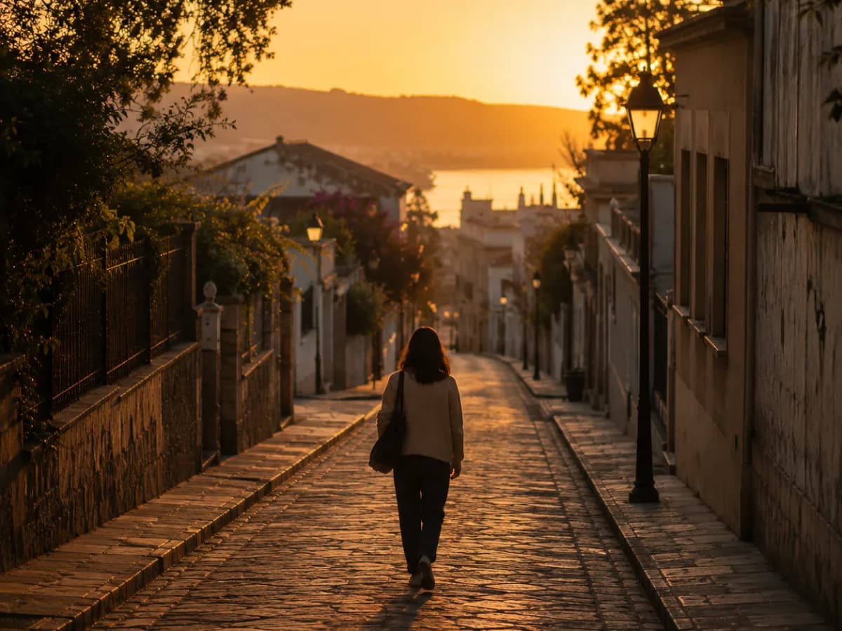 Persona caminando a distancia por una calle tranquila al atardecer