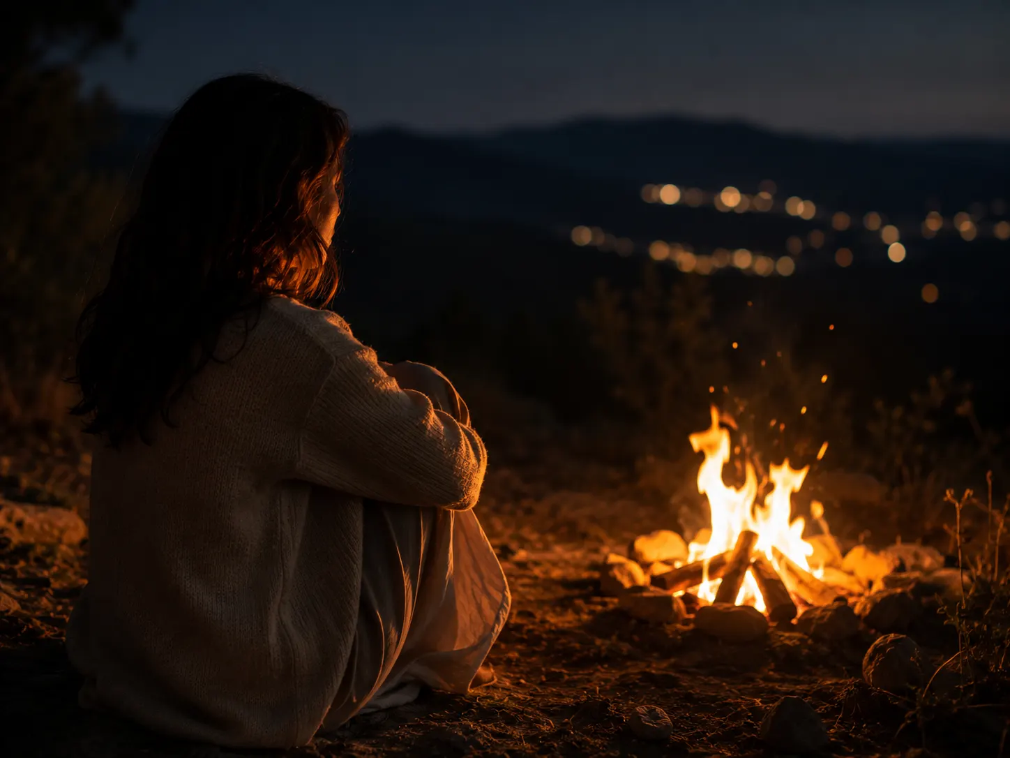 Persona contemplando el fuego como símbolo de reflexión y transformación