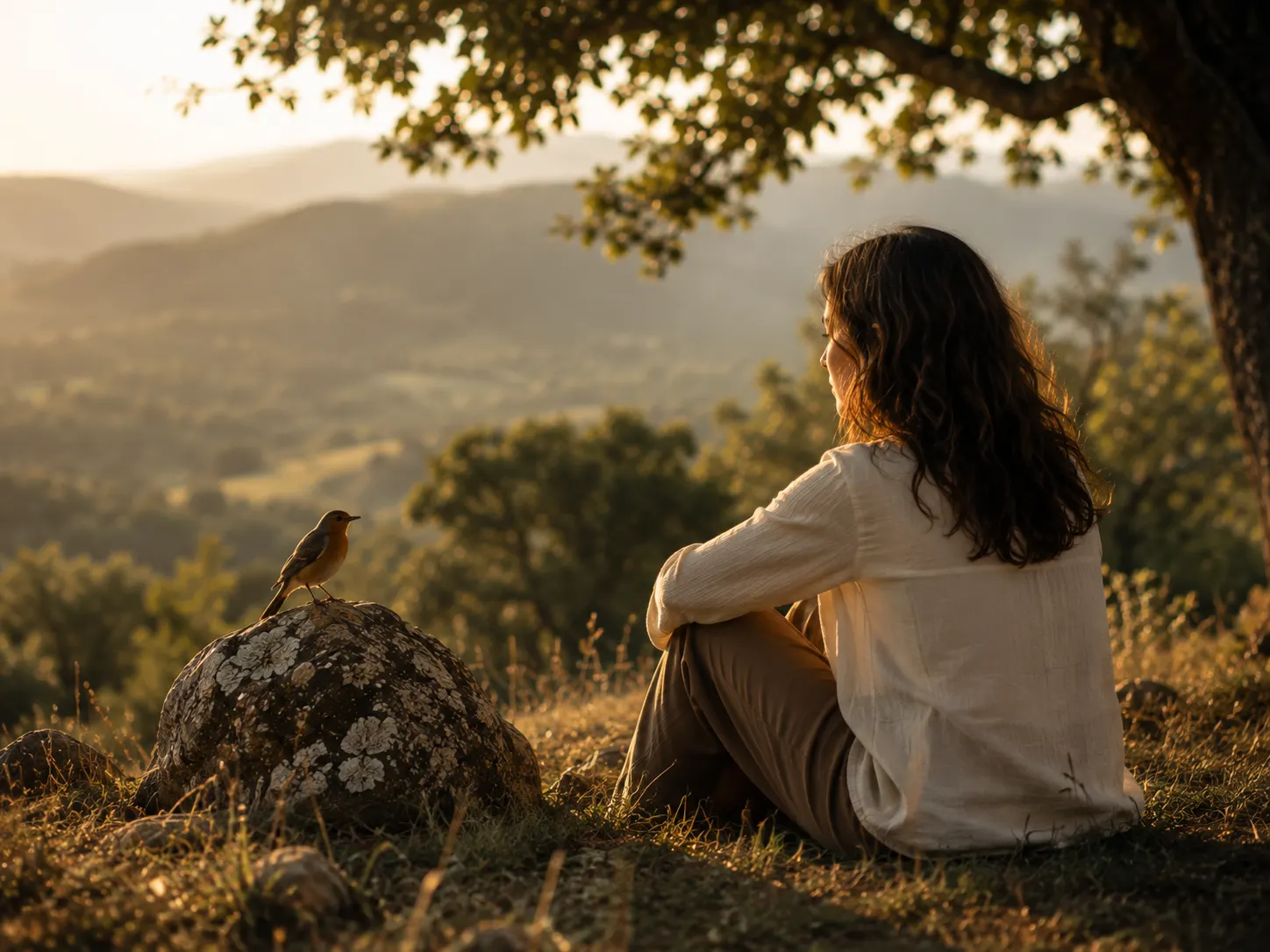 Persona contemplando un pájaro como símbolo de reflexión y conexión