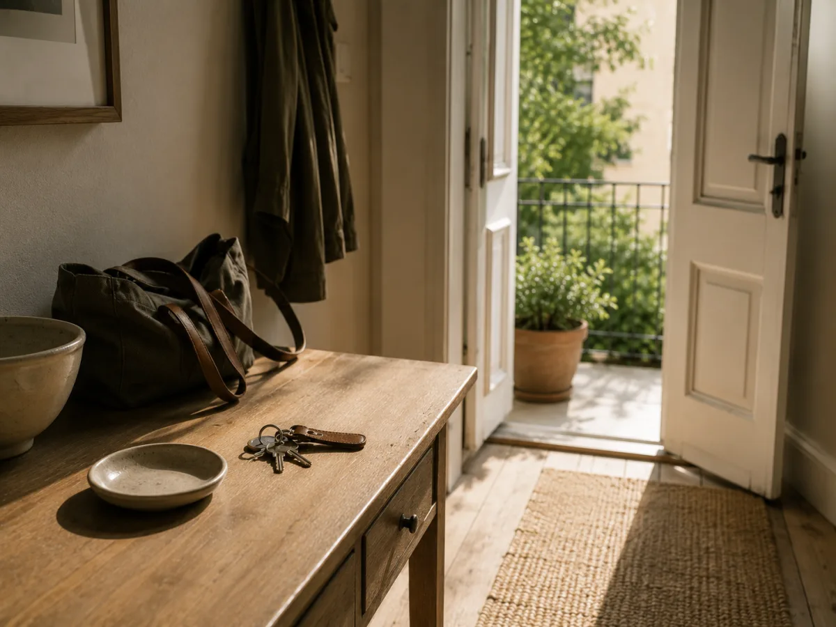 Interior sobrio con una puerta abierta y unas llaves dejadas sobre una mesa cercana