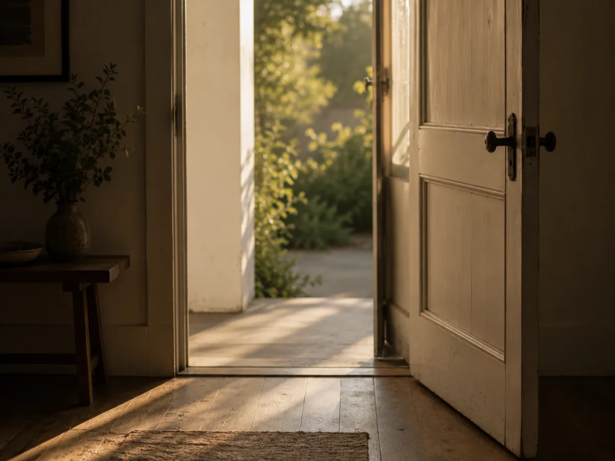 Puerta entreabierta de una casa tranquila con luz natural al atardecer