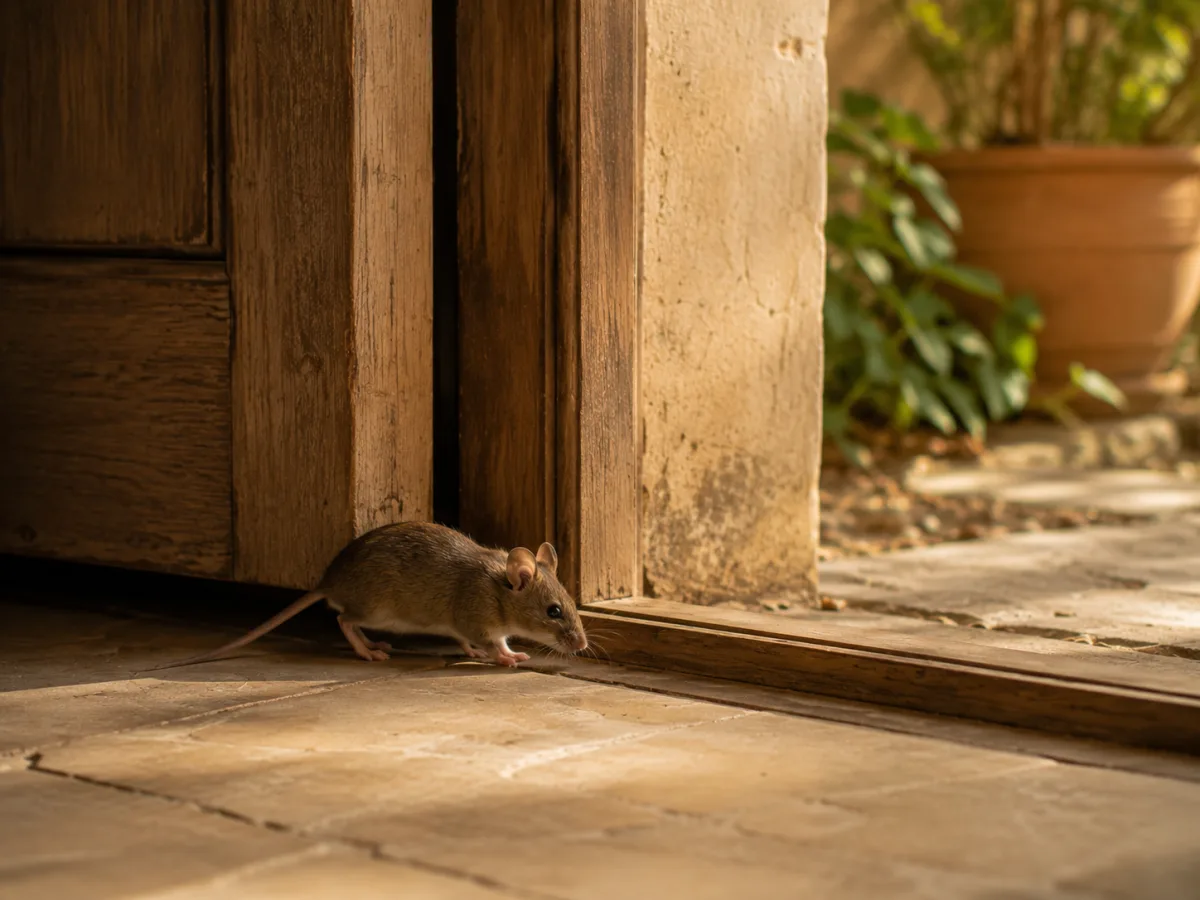 Ratón cerca de un umbral como símbolo de movimiento y límites