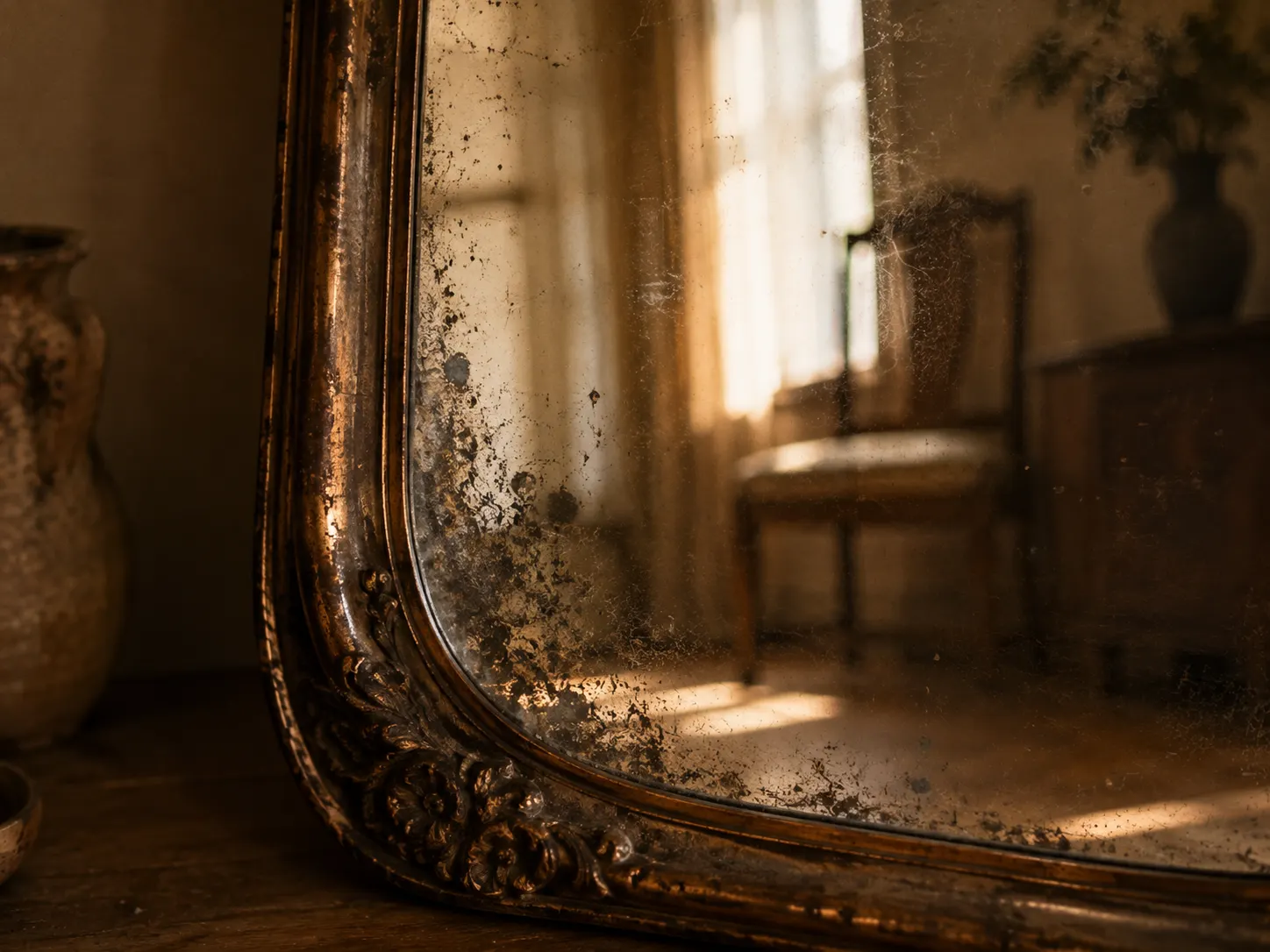 Reflejo en un espejo antiguo como símbolo de percepción y reconocimiento