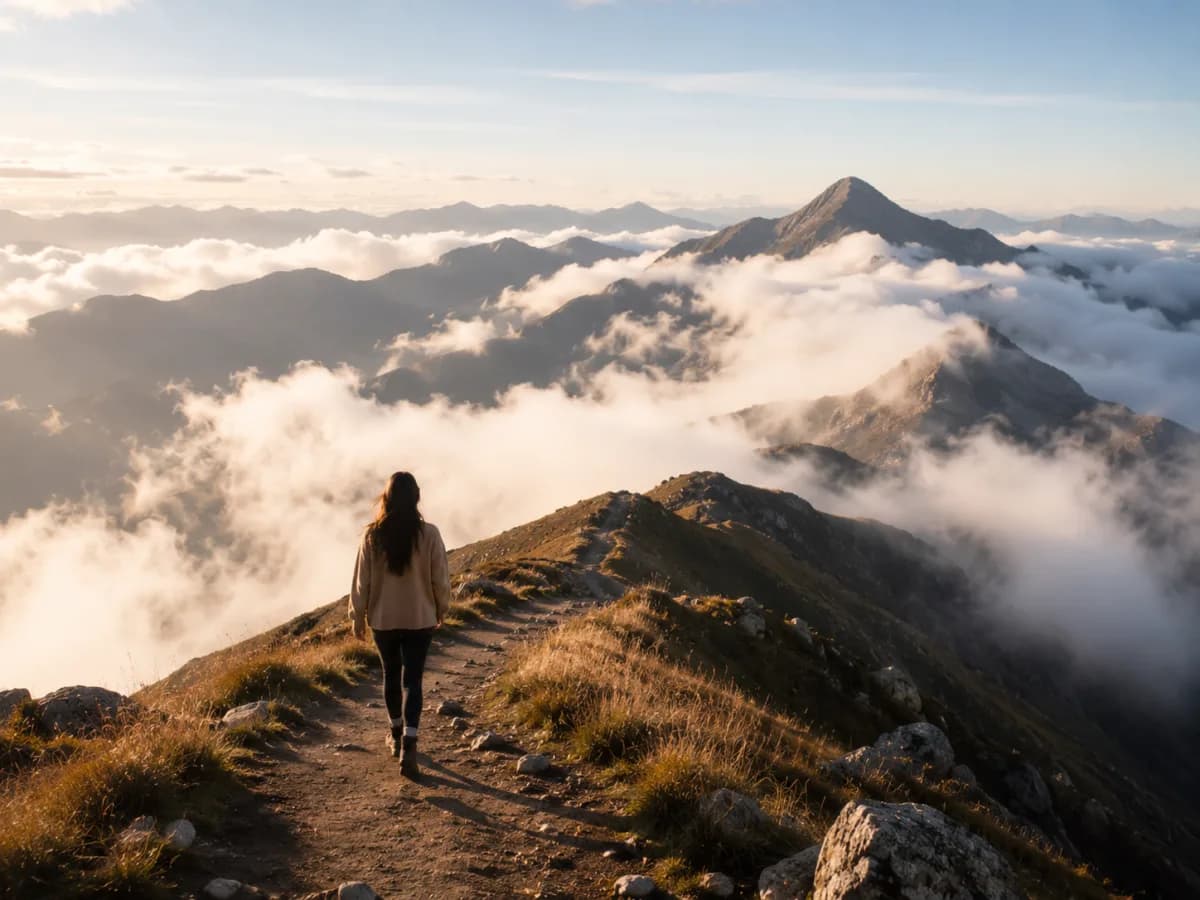 Persona caminando por un sendero elevado entre nubes y montañas