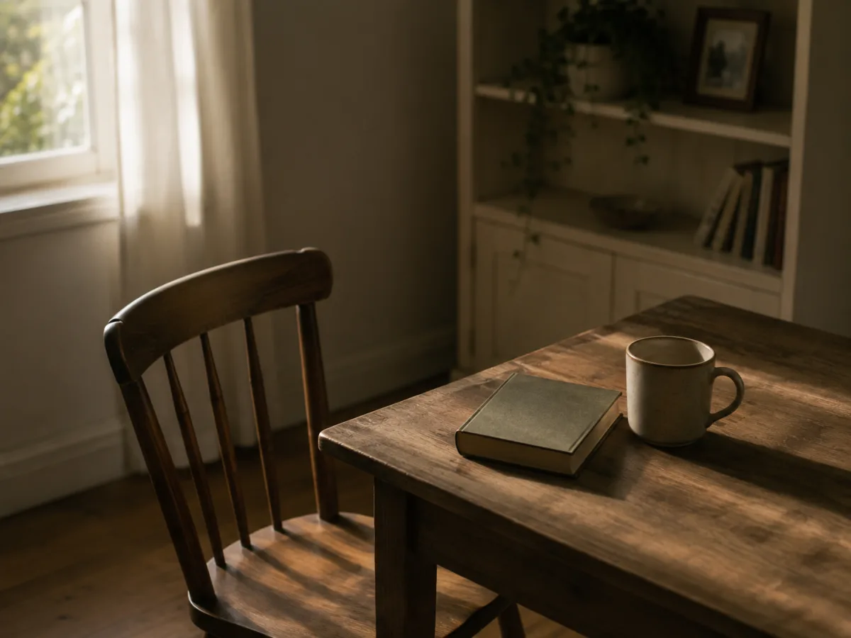 Silla vacía junto a una mesa en una habitación iluminada
