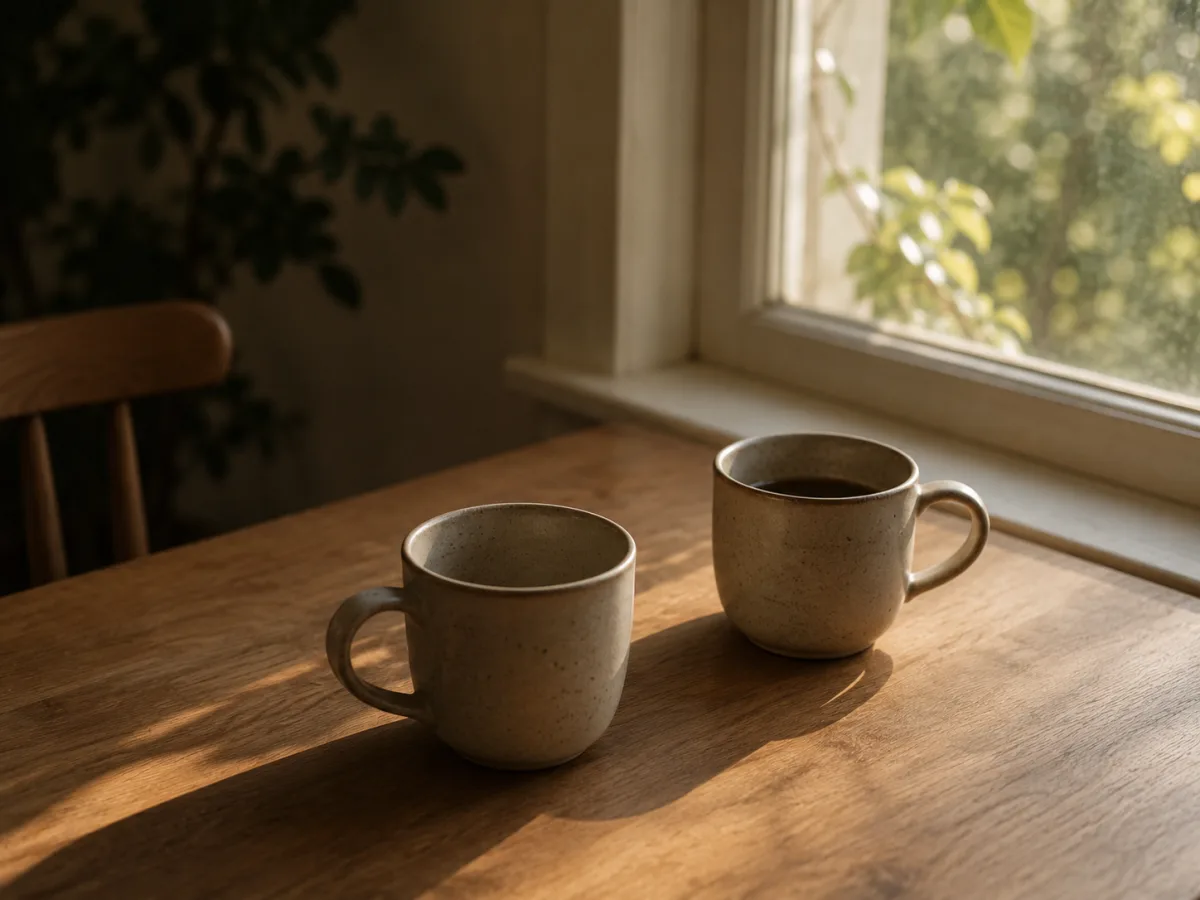 Dos tazas sobre una mesa junto a una ventana con una taza vacía
