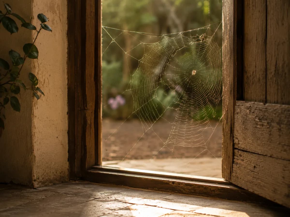 Telaraña delicada en el umbral de una puerta como símbolo de límites y conexión