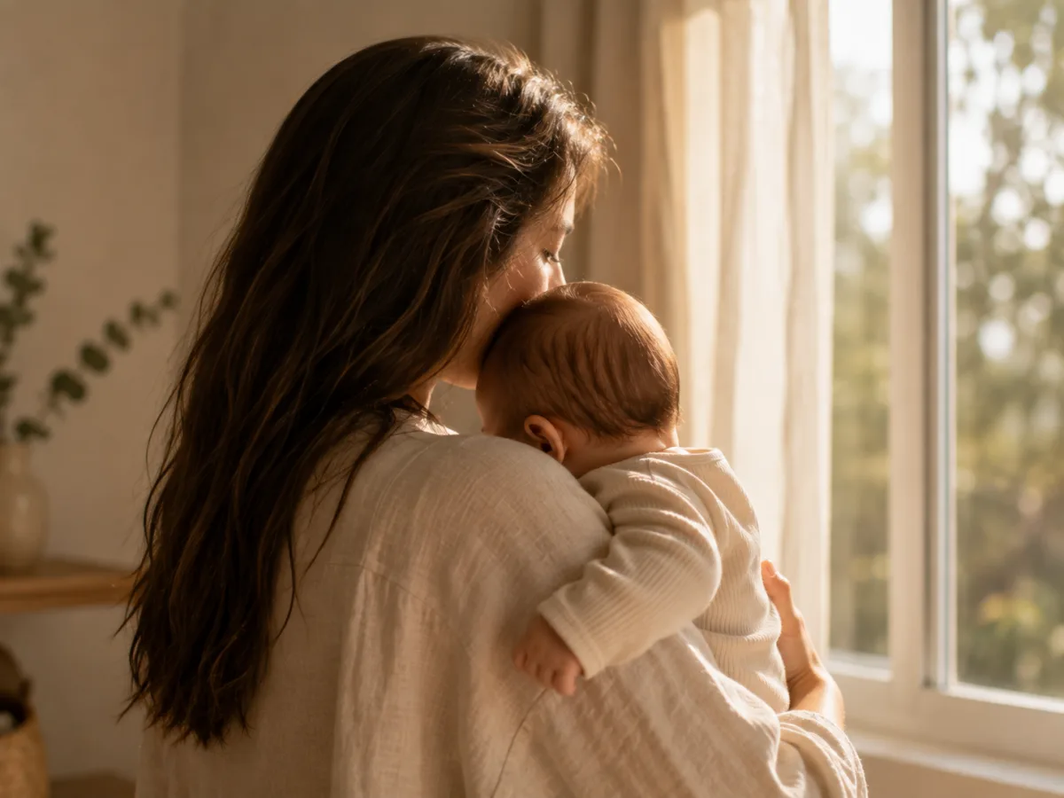 Persona adulta sosteniendo a un bebé junto a una ventana con luz natural