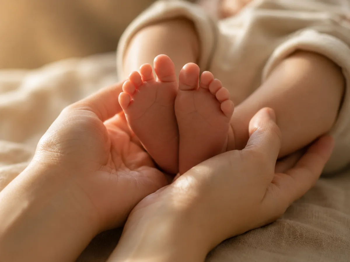 Manos sosteniendo suavemente los pies de un bebé en una escena de cuidado