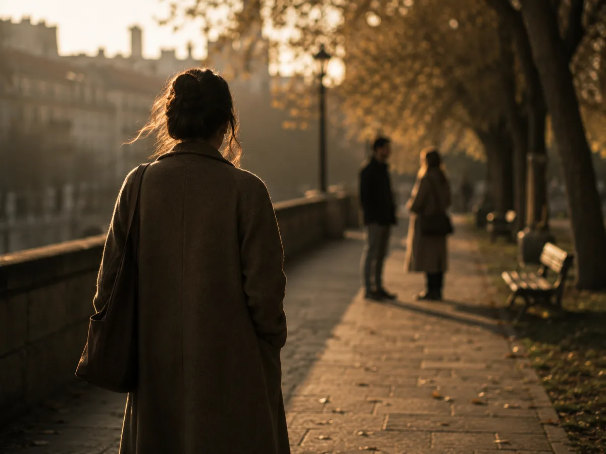 Mujer caminando sola mientras dos figuras conversan a distancia